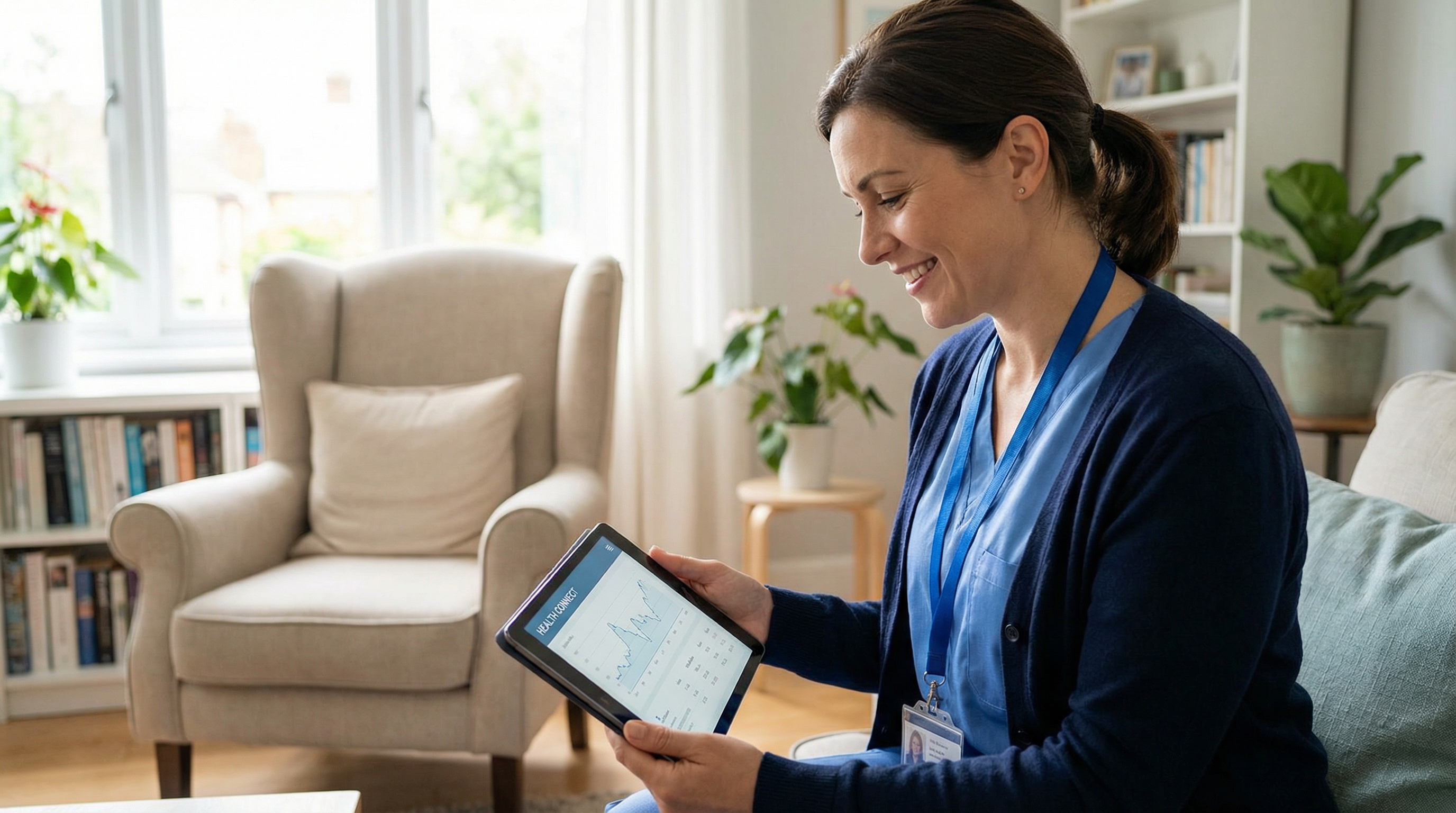 Profissional de saúde monitorando dados em tablet com foco e seriedade